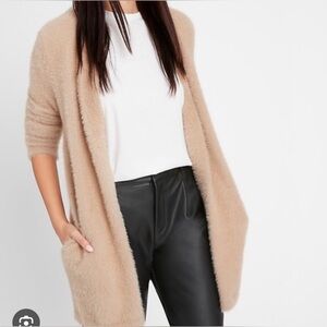 Banana Republic Fuzzy Tan Open Front Long Cardigan Sweater Pockets Sz M